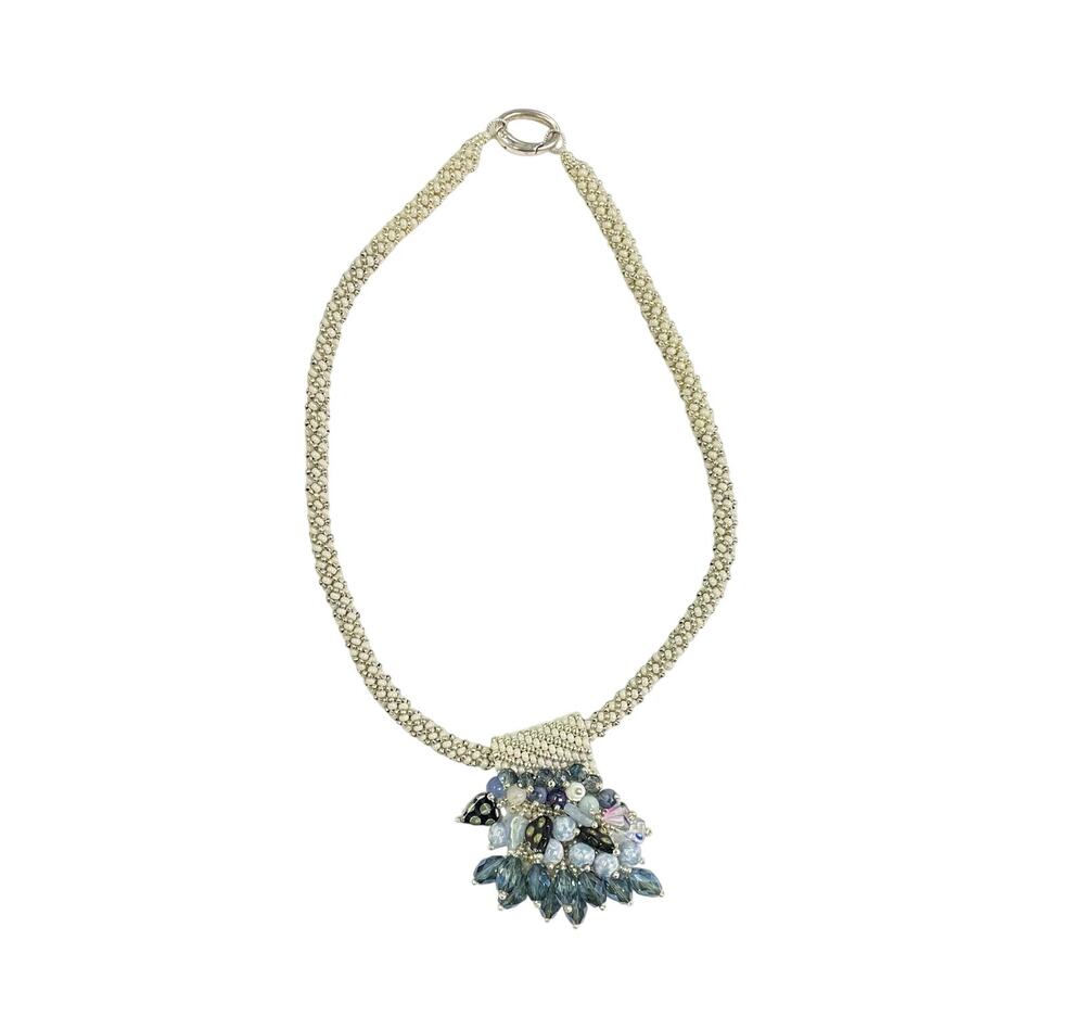 Handmade Cream Gold Beaded Chain Blue Lampwork, Crystal Bead Pendant Necklace